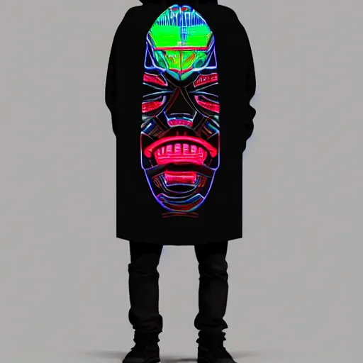 Prompt: mockup of a black hoodie with a claymodel of a cyberpunk aztec futurism robot head, 8 k, symetrical, flourescent colors, halluzinogenic, multicolored, insanely integrate, black background, 3 d render,