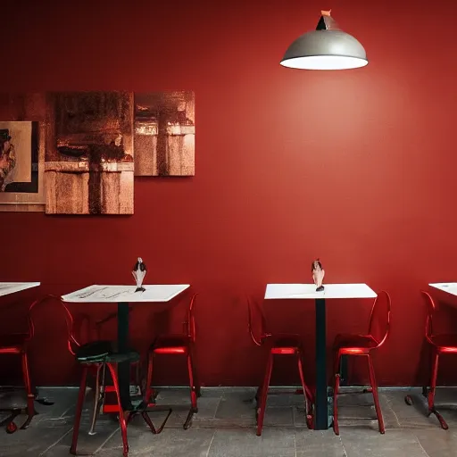 Prompt: a busy cafe full of people,smoky,dark atmosphere,cinematic lighting,cinematic composition,lots of painting on walls,j spired by paris 19 century,red wall ,glass walls,8k