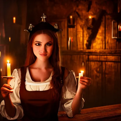 Image similar to young attractive beautiful bar maid in a medieval tavern at night with candles, wow 4 k detail fantasy, matte painting, realistic materials, photo realistic, postprocessing, cinematic, hyperrealistic, studio lighting, photography by richard jenkins