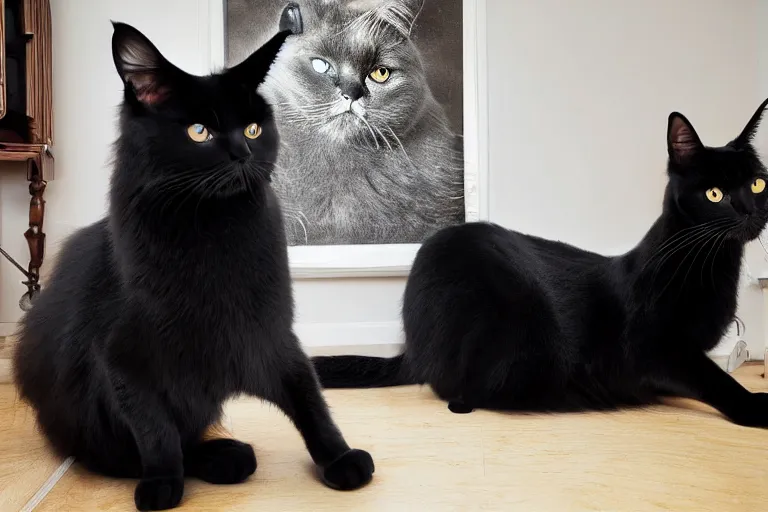 Prompt: dark, large very beautiful balinese cat in finnish living room, beautiful, photorealistic, hyperrealistic, highly detailed, high resolution, 4 k