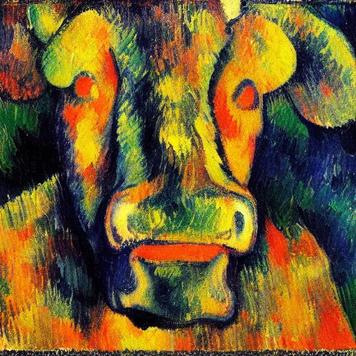 Prompt: a cow is running in the cloud, post - impressionism, cezanne, gaugin, van gogh, seurat, selfie ， closeup view, - h 1 0 2 4