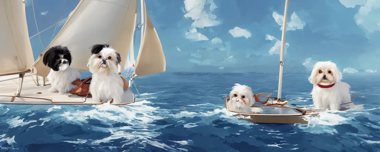 Prompt: a cream - colored havanese dog and shih tzu, sailing on an america's cup boat, hydrofoil, atey ghailan, goro fujita, studio ghibli, rim light, exquisite lighting, clear focus, very coherent,