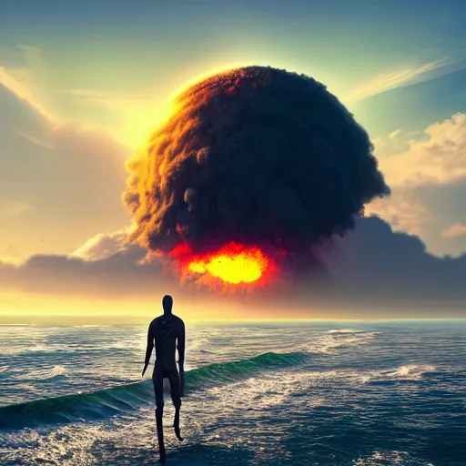 Prompt: High resolution photo of relaxed skeleton walking on the tropical beach with nuclear bomb explosion on the ocean, high quality, trending on Artstation, highly detailed big nuclear explosion in the background, realistic, vibrant light color scheme, anatomically accurate skeleton, coherent, photorealism, daylight