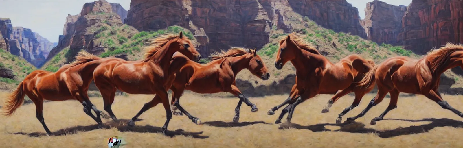 Image similar to lots of horses running through the canyon, hyper realistic, more details, they might be crawling, original oil on canvas painting by sydney mount