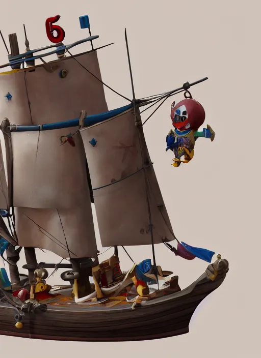 Image similar to full shot,a painting of cute toy pirate ship,Ford, Henry Justice,trending on artstation,3d octane render,High detail