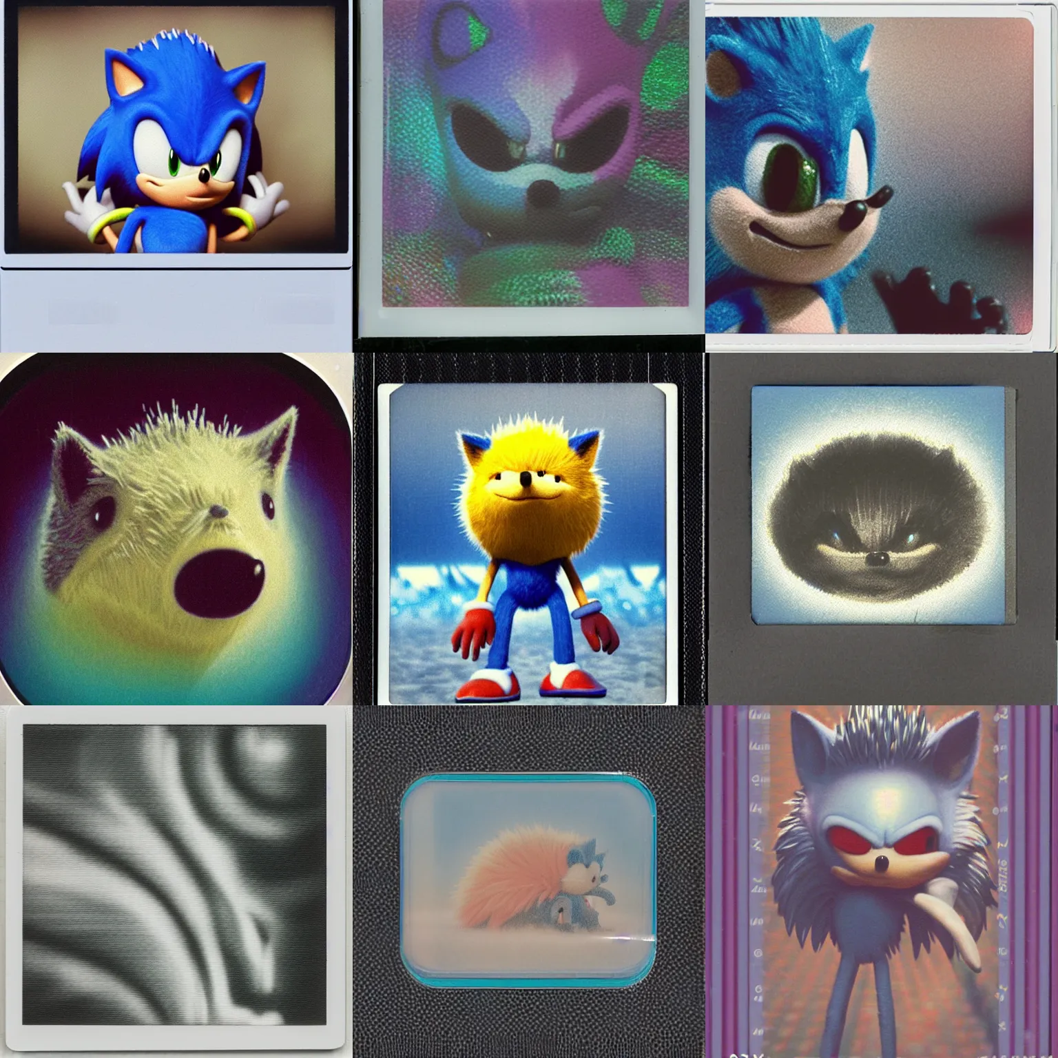 Prompt: close up polaroid instax portrait of sonic hedgehog, matte painting landscape of a surreal sharp foggy detailed professional soft pastels high quality airbrush art album cover of a liquid dissolving airbrush art lsd dmt sonic the hedgehog swimming through cyberspace shimmering checkerboard background 1 9 9 0 s 1 9 9 2 sega genesis rareware video game album cover