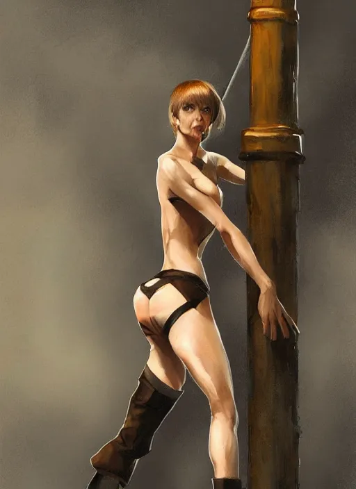 Image similar to a professional painting of vladimir putin, wearing in stocking, mesh shirt, in a strip club, dancing on a pole, elegant, digital painting, concept art, smooth, sharp focus, finely detailed illustration, beautifully framed, from Metal Gear, in the style of Artgerm and Greg Rutkowski and William-Adolphe Bouguerea