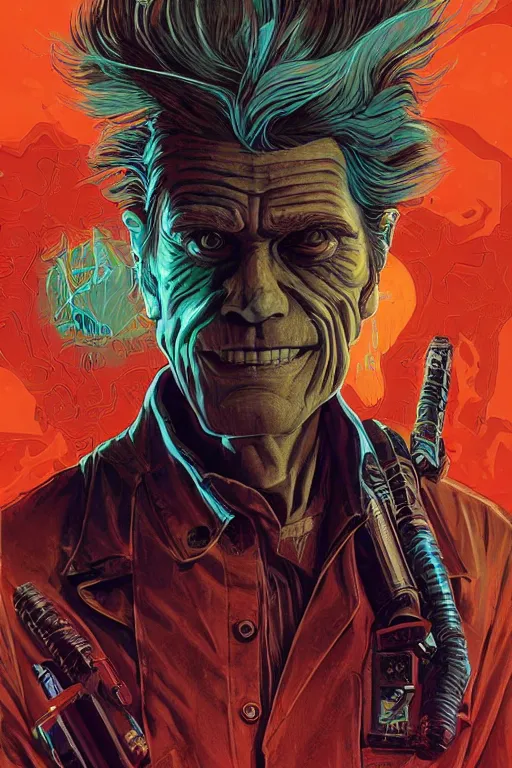 Prompt: Willem Dafoe as Rick Sanchez, science fiction, retro cover, high details, intricate details, by vincent di fate, artgerm julie bell beeple, inking, vintage 60s print, screen print