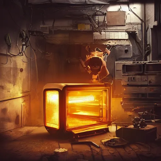 Image similar to head of toaster oven mecha, dark messy smoke - filled cluttered workshop, dark, dramatic lighting, orange tint, cinematic, highly detailed, sci - fi, futuristic, movie still