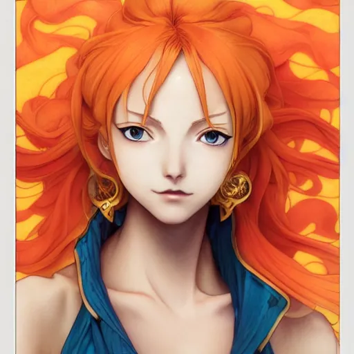 Image similar to intricately detailed vfx portrait of swedish nami from one piece by eiichiro oda, makoto shinkai, alphonse mucha, art by artgerm and greg rutkowski, best of behance, concept art, matte, sharp focus, orange hair, elegant, adolphe bouguereau, annie leibovitz, stanley kubrick, hdr,