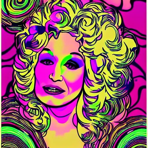 Image similar to psychedelic floral poster with Dolly Parton’s face