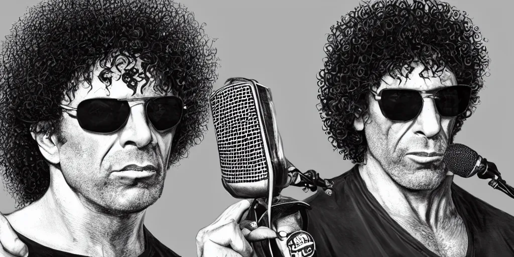 Prompt: Joe Rogan with Howard Stern hair and sun glasses talking into a microphone, single subject portrait, intricate, highly detailed, concept art, smooth, sharp focus