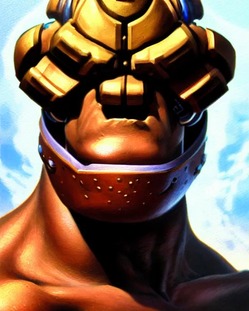 Image similar to doomfist from overwatch, fantasy, fantasy art, character portrait, portrait, close up, highly detailed, intricate detail, amazing detail, sharp focus, vintage fantasy art, vintage sci - fi art, radiant light, caustics, by boris vallejo