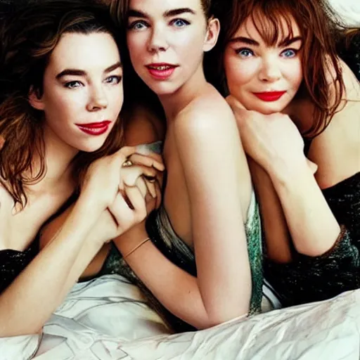 Image similar to stunning vogue magazine photo of dark - haired goddesses vanessa kirby, hailee steinfeld, and bjork smiling, legs intertwined, laying back on the bed, with wet faces!!, wet lips, perfect eyes, insanely detailed, elegant, by wlop, rutkowski, livia prima, mucha, wlop,