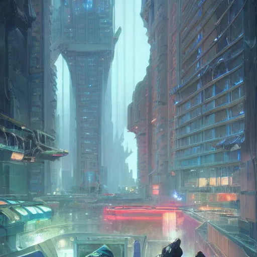 Prompt: sargent and leyendecker and greg hildebrandt, highly detailed futuristic brutalist city, with neon lights, while it's raining, stephen bliss, unreal engine, fantasy art by greg rutkowski, loish, rhads, ferdinand knab, makoto shinkai, ilya kuvshinov, rossdraws, global illumination, radiant light, detailed and intricate environment