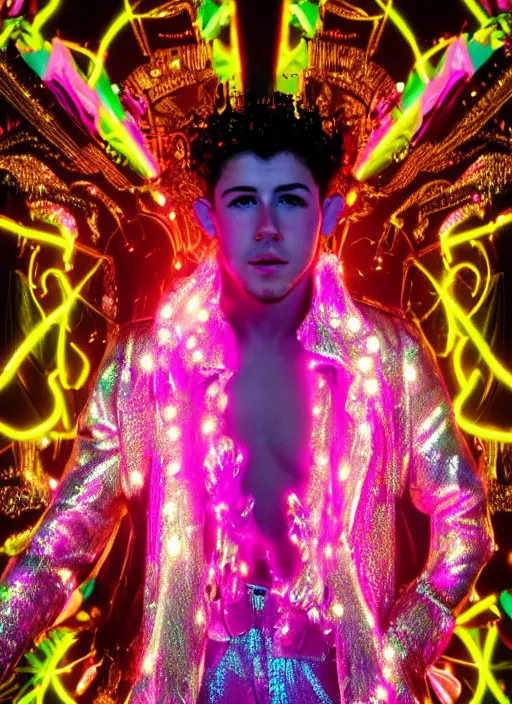Image similar to photo of baroque and bladerunner delicate neon emerald sculpture of seductive prince nick jonas pink iridescent humanoid deity wearing metallic jungle leaves, crystal tigers, glowing rainbow lights, crown made of hands, cinematic lighting, photorealistic, octane render 8 k depth of field 3 d