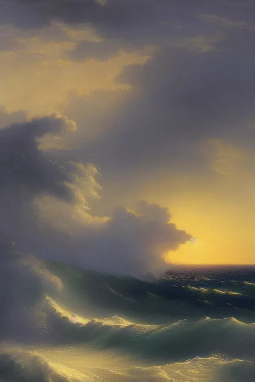 Image similar to strong waves in the sea in a sunset, in style of Aivazovsky, hypermaximalistic, high details, cinematic, 8k resolution, beautiful detailed, insanely intricate details,