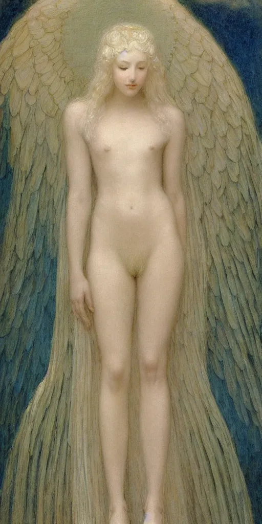 Image similar to Say who is this with silver hair so pale and Wan and thin? Beautiful feminine angel in the style of Jean Delville, Lucien Lévy-Dhurmer, Fernand Keller, Fernand Khnopff, single figure, oil on canvas, 1896, 4K resolution, aesthetic, mystery