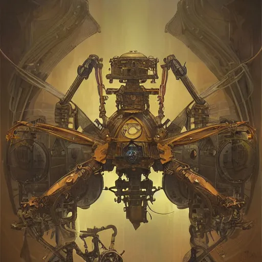 Image similar to Large steampunk mechanical spider, sci-fi art by alphonse mucha and greg rutkowski, highly detailed, digital painting, concept art, illustration, dim lighting, trending on artstation, very detailed, smooth, sharp focus, octane render