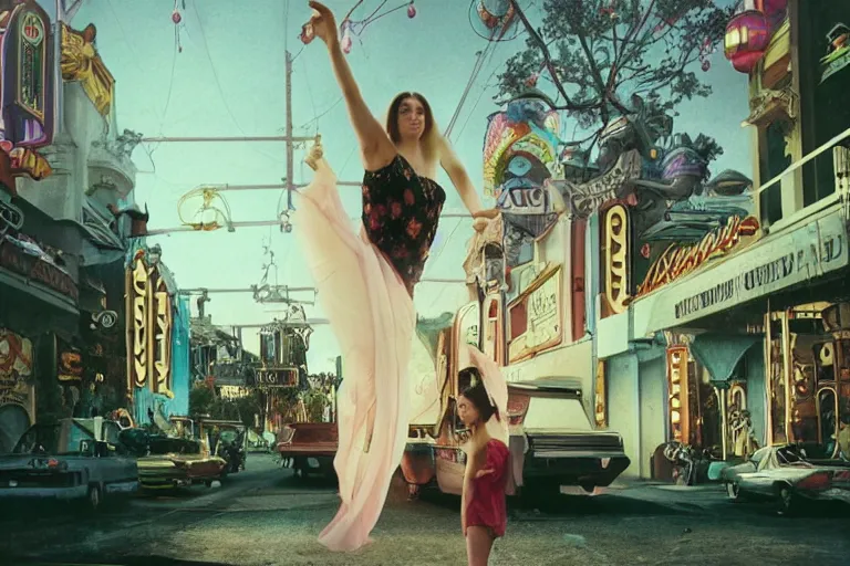 Prompt: photography of gregory crewdson, 1 9 7 6 portrait of a woman floating in the air, background is a vegas street scene, deep focus, intricate, elegant, highly detailed, artstation, concept art, matte, sharp focus, art by artgerm and greg rutkowski and alphonse mucha