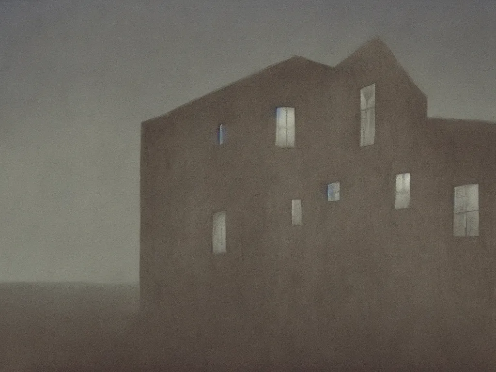 Prompt: a painting of a creepy house in the style of Zdzisław Beksiński