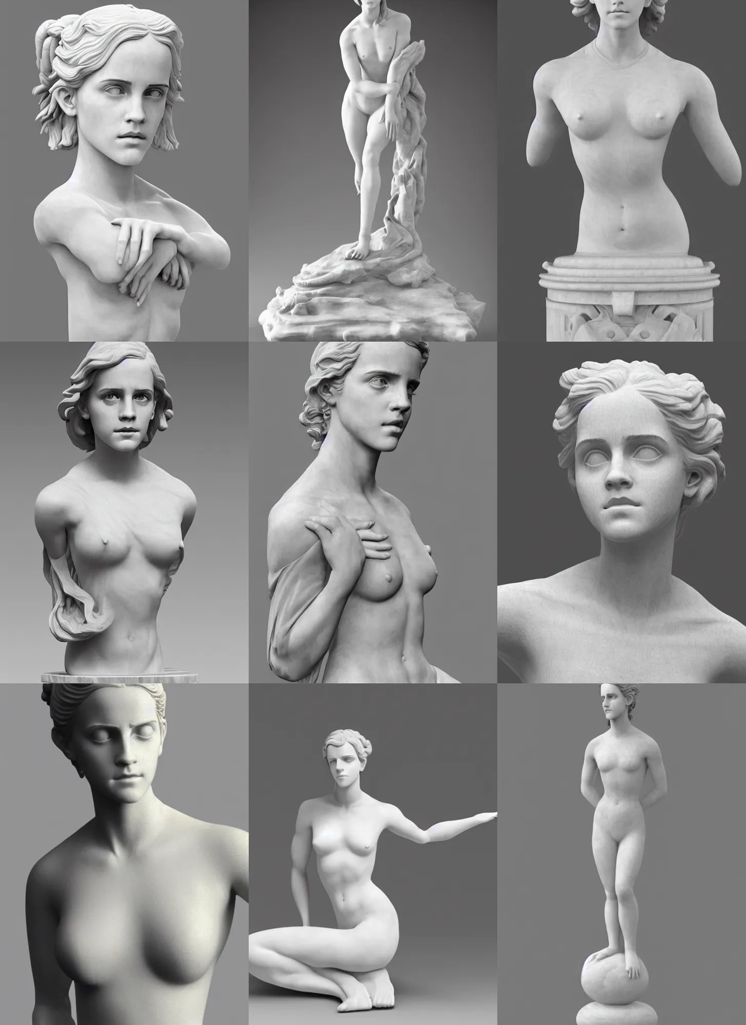Prompt: 3D print marble sculpture of Emma Watson by Jean-Baptiste Carpeaux and Luo Li Rong and Michael James Talbot, yoga meditation pose, beautiful body, perfect symmetrical face, soft white colors, full length shot, elegant, academic art, realistic, 8K, female full-skin figure, Hyperrealism, Subsurface scattering, raytracing, soft light, Octane Render, Redshift, Zbrush