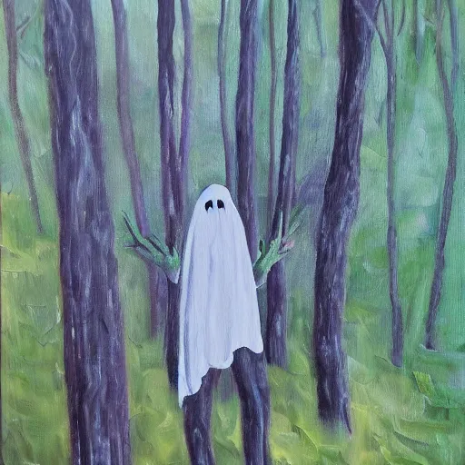 Prompt: ghost in haunted forest, brush strokes, oil painting