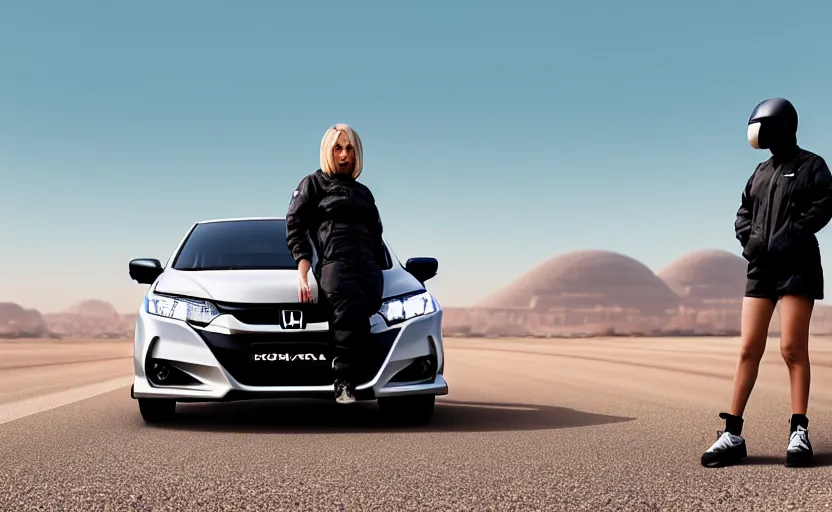 Image similar to photograph of a cell-shaded Honda EK9 Type-R with a lonely techwear woman , on a desert road with a futuristic city in the horizon, one point perspective, 1-point perspective, tilt shift, sigma 85mm f/1.4, 4k, depth of field, high resolution, 4k, 8k, hd, full color