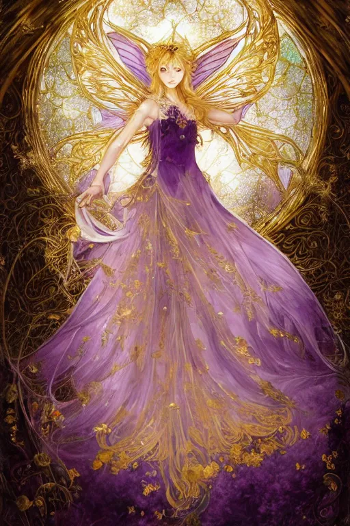 Prompt: breathtaking detailed soft painting of a fairy princess with amethyst wings and golden ribbons in gondor, golden rose dress floating around, detailed symmetrical facial features, by Ayami kojima, loputyn and matcha, hyper detailed gold stained glass windows, volumetric lighting, concept art, matte, sharp focus, rembrandt style