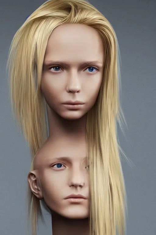 Image similar to robot with human face, female head, full body angle, woman human face, human face realistic, beautiful blonde hair, human head, human head with blonde hair, blonde hair human head, blonde hair, human realistic face, human head skin, cyborg frame concept, cyborg by ales-kotnik, sci-fi android female, the body is made of wires, robotic body, cyborg body, cyborg bust body, robot body cyborg, full body