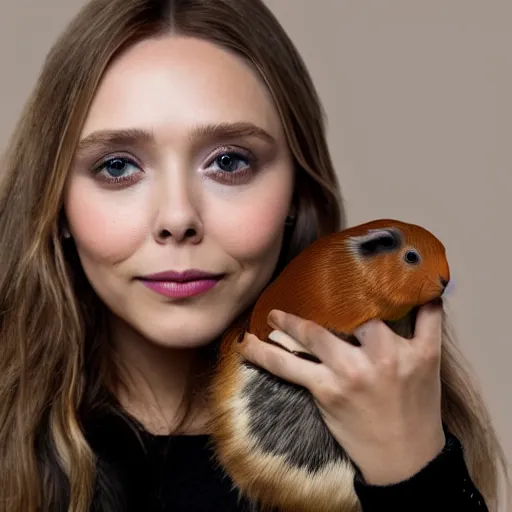 Image similar to Elizabeth Olsen holding a guinea pig in her hands, photorealistic, 4k, 8k, trending on artstation