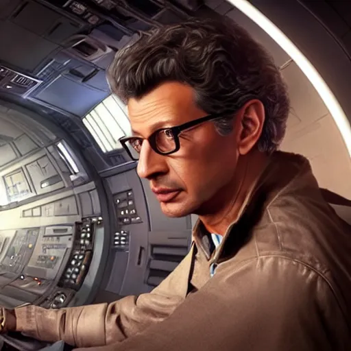 Image similar to hyperrealistic jeff goldblum piloting millennium falcon, stunning 3 d render inspired by istvan sandorfi & xiang duan, perfect symmetry, dim volumetric cinematic lighting, 8 k octane comprehensive render, extremely mega hyper - detailed and lifelike attributes & atmosphere, intricate, realistic flesh texture, masterpiece, artstation, stunning,