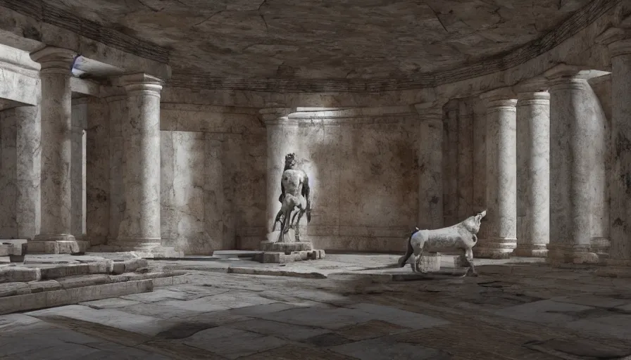 Prompt: Ancient Greek underground temple with a statue of a minotaur in the center of the room, hyperdetailed, artstation, cgsociety, 8k