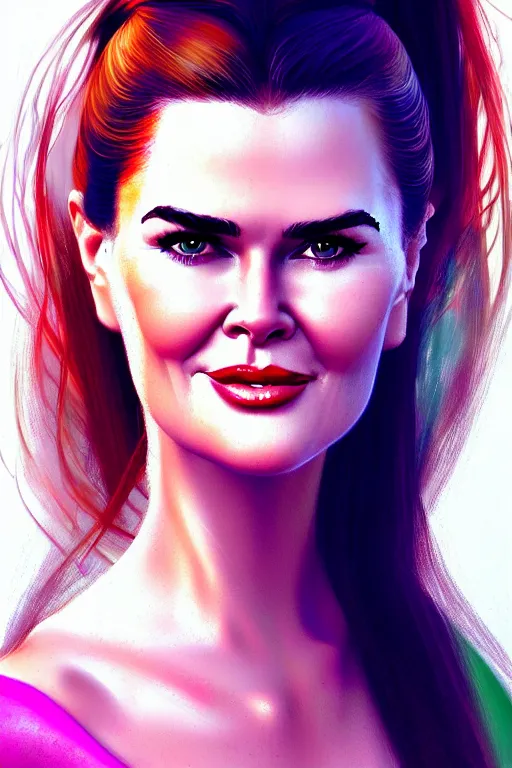 Image similar to portrait of a mix of beautiful young maria shriver, mariel hemmingway, brooke shields, nicole kidman and elle macpherson as a mermaid, thin lips, hair tied up in a pony tail, colorful artstation, cgsociety