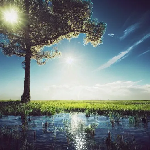 Prompt: flooded plains landscape. one tree. clear sunny day at noon. elevated grass islands up close to camera. grass islands. flood waters. max rive, 1 6 megapixel, instagram, landscape, hdri, light blue sky