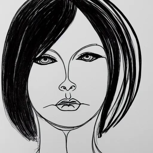 Prompt: continuous single line spiral - drawing of mary louise brooks, pen on white paper