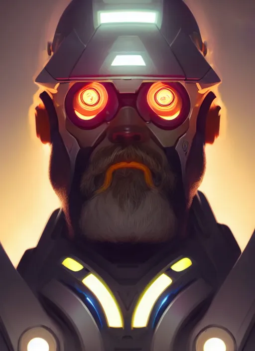 Image similar to symmetry portrait of torbjorn from overwatch, closeup, sci - fi, tech wear, glowing lights intricate, elegant, highly detailed, digital painting, artstation, concept art, smooth, sharp focus, illustration, art by artgerm and greg rutkowski and alphonse mucha