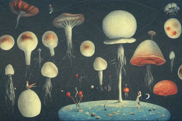 Prompt: how magic mushrooms can take us to the farthest reaches of inner space, painting by bosch