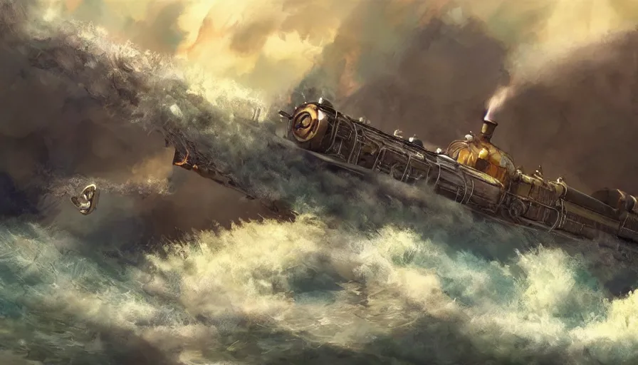 Image similar to craig mullins and ghibli digital illustration of a long train dragon in deep ocean unreal engine, hyper realism, realistic shading, cinematic composition, realistic render, octane render, detailed textures, photorealistic, wide shot