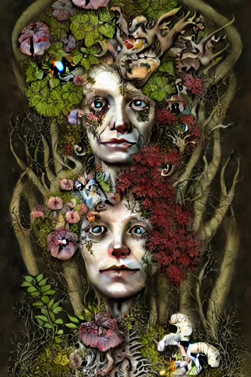 Image similar to sad and detailed rotten woman corpse with fractal plants and fractal flowers and mushrooms growing around, face muscles, veins, arteries, intricate, ornate, surreal, ray caesar, john constable, guy denning, dan hillier