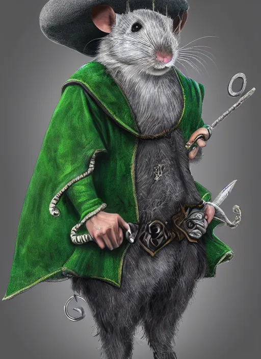 Prompt: gray rat standing on two legs, gray beard, wearing jewelry, green eyes, tricorne hat, green robe, D&D, digital art, realistic, trending on artstation, 4k, sea in the background