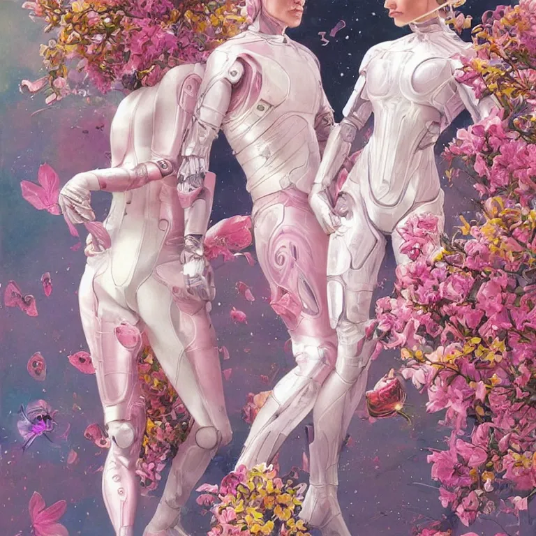 Prompt: an ultra real portrait of two swirly pink haired lover cyborgs from movie ex machina wearing a greek space suit, muted colors, colorful flowers, tropical, sunlight filtering through skin, dynamic hair movement, dynamic pose, glowing butterflies, j. c leyendecker, by alan lee, wlop! illustrated by starember, fantasy art by craig mullins