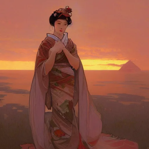 Image similar to matte painting of a geisha on sunset, alphonse mucha, james gurney, greg rutkowski, john howe, artstation