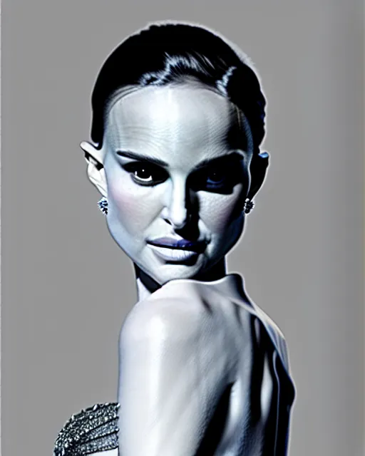 Image similar to Natalie Portman, wearing an evening gown, vera wang couture, very detailed portrait, ultrarealistic, dramatic lighting, electrical details, high details, 4k, 8k, best, accurate, trending on artstation, fur, artstation, photorealism, ultrarealistic, digital painting, style of Dali, Caravaggio, Boris Vallejo