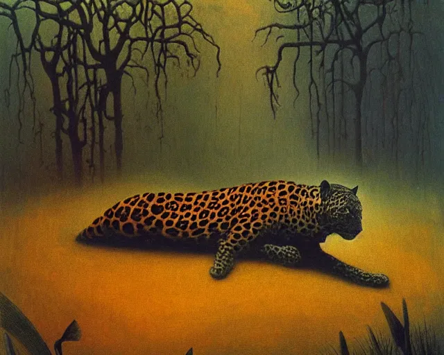 Image similar to Beksinski painting. Jaguar in a dark misty jungle, painted by Beksinski