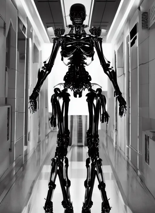 Image similar to skeletal black mecha walking down white marble hallway, Skeletal face android face one eye. mecha (carbon fiber) long limbs black panels reflective. Skeletal face android face one eye ((glowing_red_eye)) RTX On UE5 Artstation Bladerunner_2049_scene!!!!!! Cyberpunk 2077 bladerunner2049!!! bladerunner!!! Tom Bagshaw and Greg Rutkowski and Alphonse Mucha