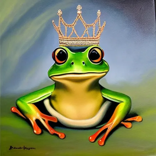 Image similar to beautiful oil painting painting of a frog wearing a crown in swamp