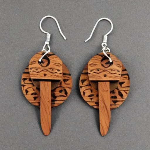 Image similar to wood earrings with crazy shapes and designs, symmetrical