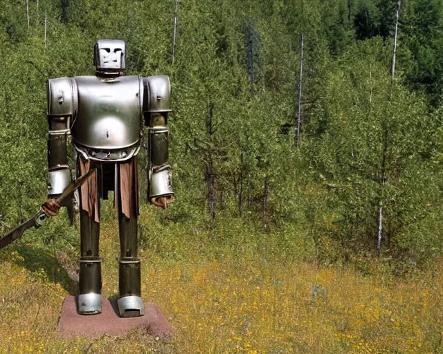 Prompt: middle shot, ancient greek robot warrior standing in front of altai forest with a sword, circa 1 9 8 4, detailed photo