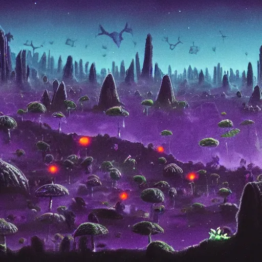 Prompt: a fungal city walking on many legs, in a dark mystical landscape with dark purple sky, with bioluminescent life